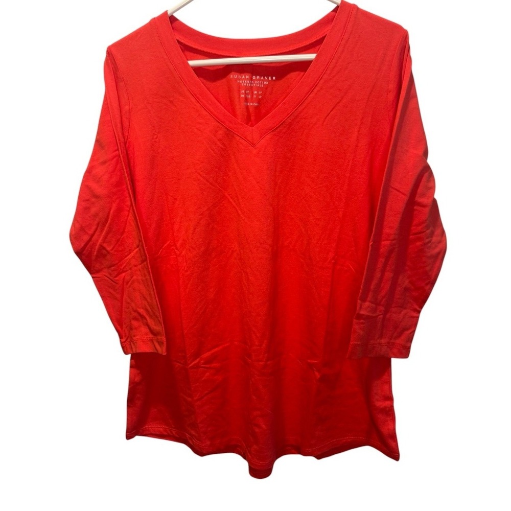 Susan Graver Weekend Cotton Essentials Red V-Neck 3/4 Sleeve Top MP NEW